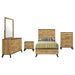 Natural pine Kaywood 5-piece twin bedroom set by CoasterEveryday, showing bed frame, nightstands, and dresser in a bedroom scene