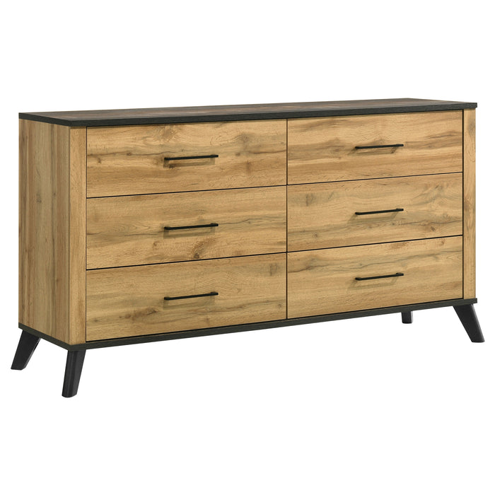 Natural pine Kaywood 5-piece twin bedroom furniture set with bed frame, dresser, and nightstands, showcasing a cohesive bedroom design.