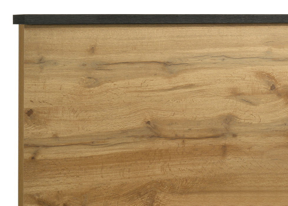 Natural pine Kaywood 5-piece twin bedroom set by CoasterEveryday, including bed frame, dresser, and nightstands in a contemporary design.