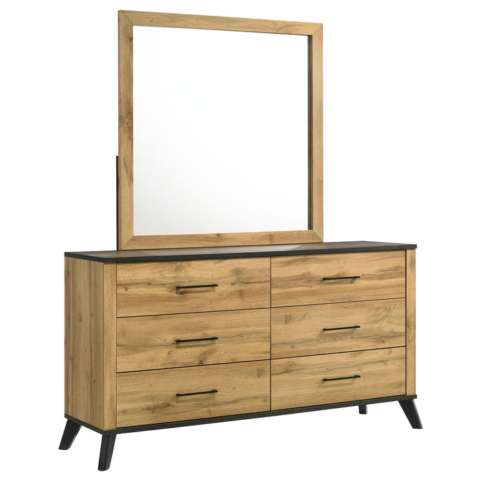 Natural pine Kaywood 6-drawer dresser with matching mirror, featuring a sturdy wooden furniture design by CoasterEveryday.