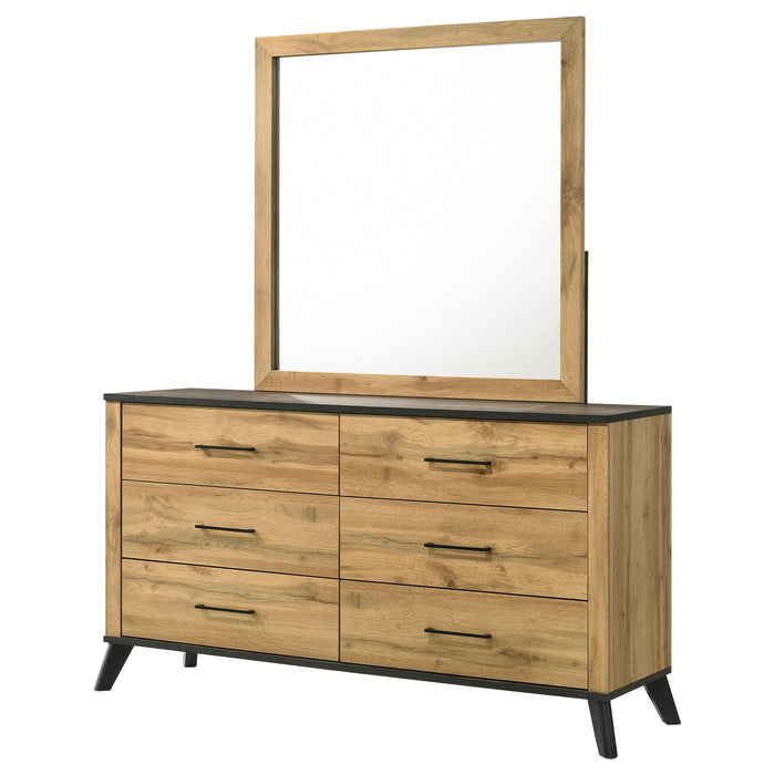 Natural pine Kaywood 6-drawer dresser with matching mirror, crafted by CoasterEveryday, showcasing a sleek furniture design.