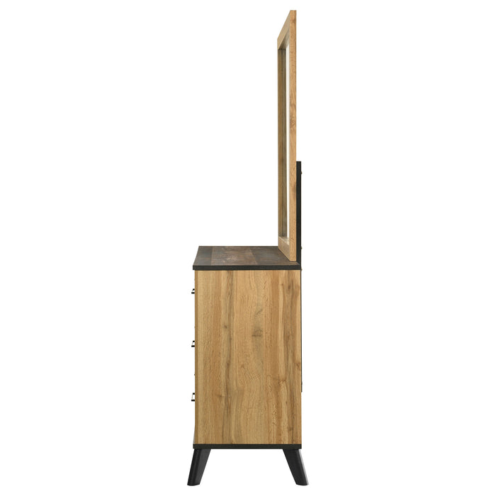 Natural pine Kaywood 6-drawer dresser with matching mirror, showcasing a sturdy wooden furniture set from CoasterEveryday.