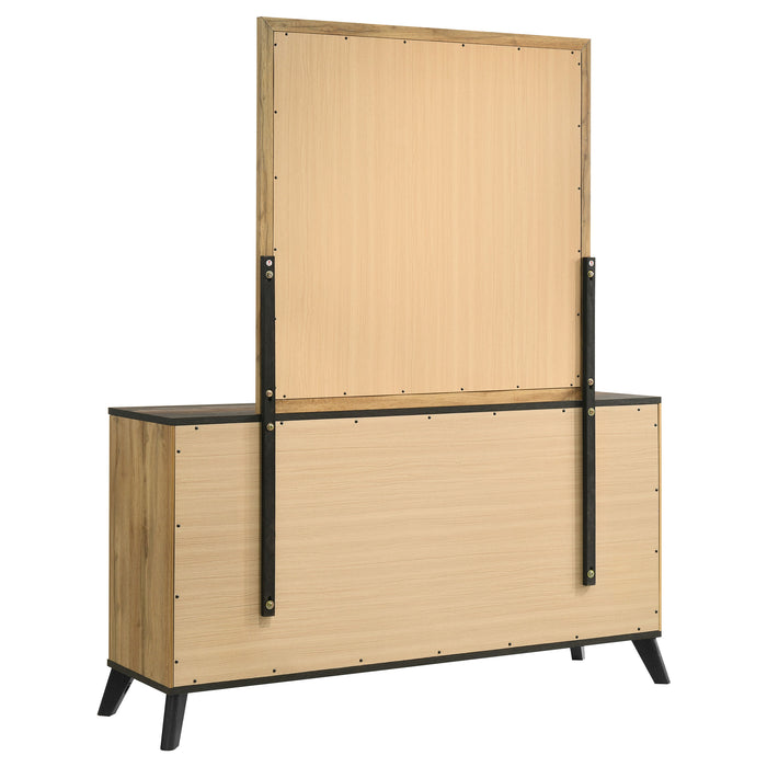 Natural pine Kaywood 6-drawer dresser with matching mirror, showcasing wood grain and classic furniture design from CoasterEveryday.
