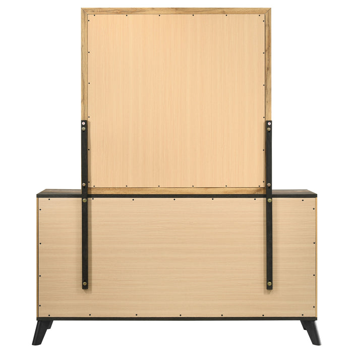 Natural pine Kaywood 6-drawer dresser with matching mirror, crafted for elegant bedroom storage and style.