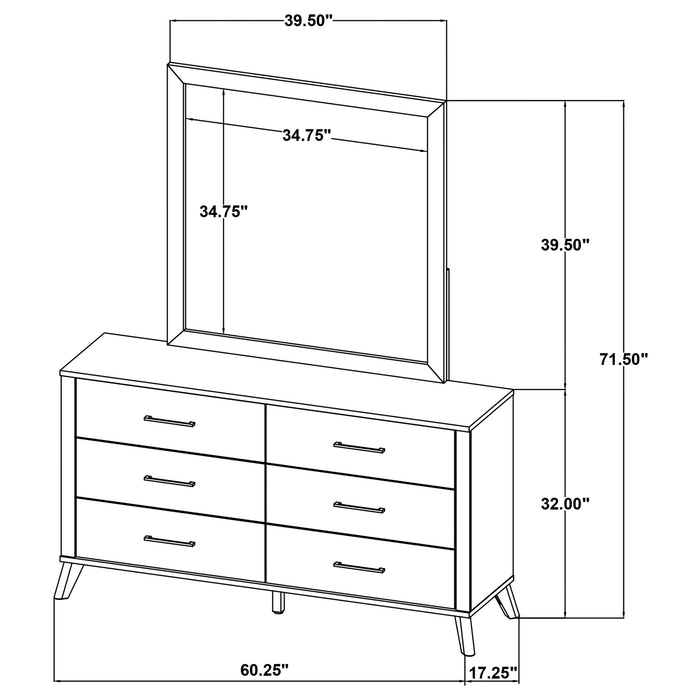Natural pine Kaywood 6-drawer dresser with matching mirror, featuring a sleek, modern furniture design from CoasterEveryday.
