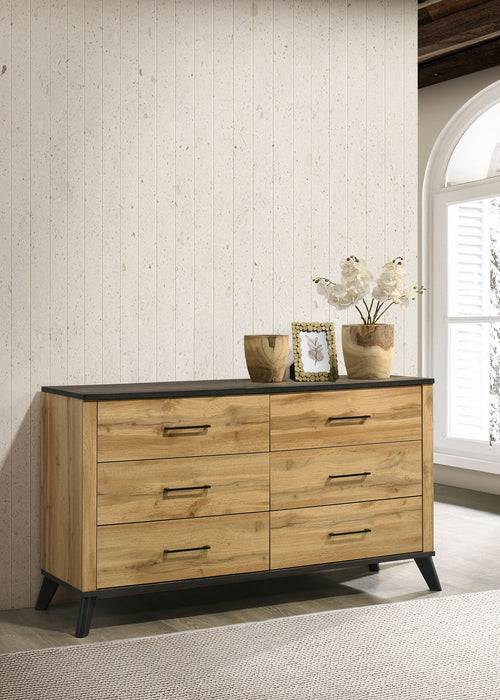 Natural pine Kaywood 6-drawer dresser cabinet with wooden handles, showcasing a sturdy furniture piece in a modern bedroom setting.
