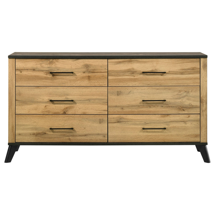 Natural pine Kaywood 6-drawer dresser cabinet by CoasterEveryday, showcasing sleek wooden storage with metal handles.