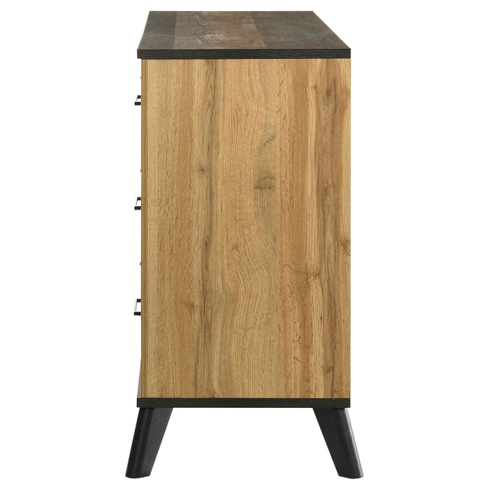 Natural pine Kaywood 6-drawer dresser cabinet by CoasterEveryday, showcasing a sturdy wooden furniture piece with six spacious drawers.