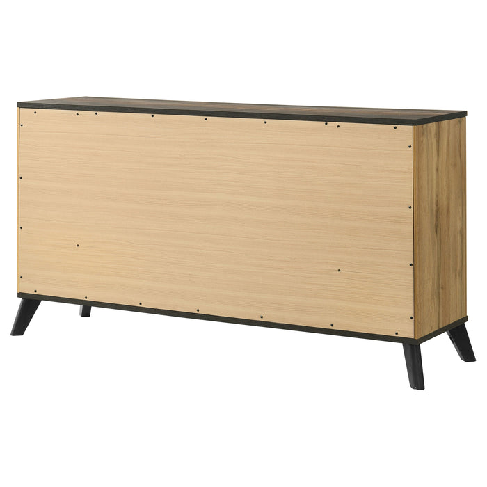 Natural pine Kaywood 6-drawer dresser cabinet by CoasterEveryday, showcasing its wood grain and spacious storage drawers.