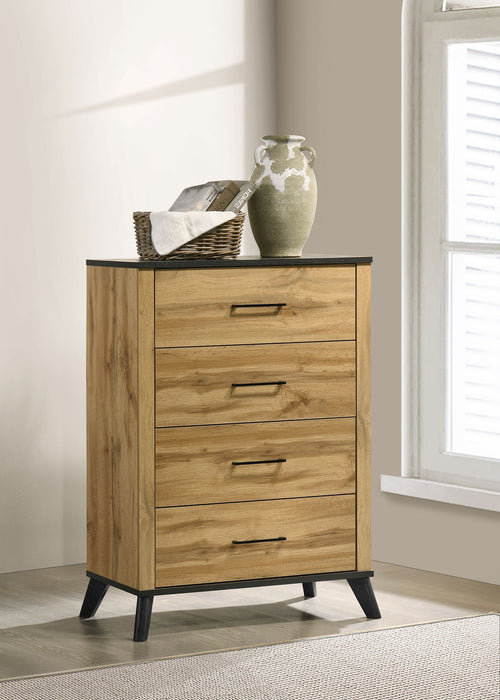 Natural pine Kaywood 4-drawer bedroom chest of drawers by CoasterEveryday, showing the wooden furniture with four spacious drawers.