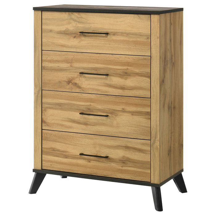 Natural pine Kaywood 4-drawer bedroom chest of drawers by CoasterEveryday, showcasing its wooden finish and spacious storage.