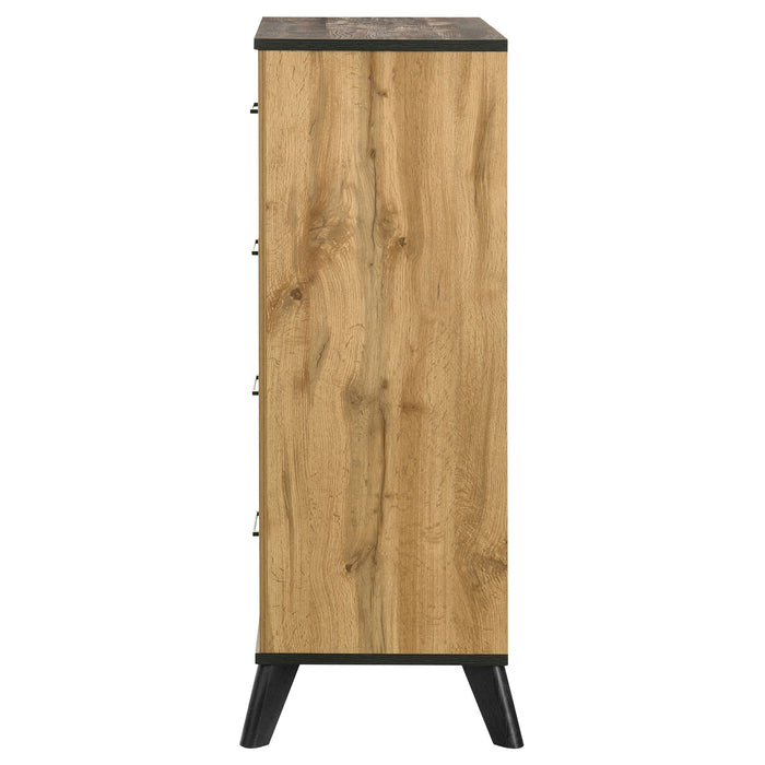 Natural pine Kaywood 4-drawer bedroom chest of drawers by CoasterEveryday, showcasing wood grain and classic furniture design.