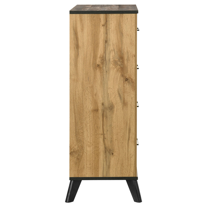 Natural pine Kaywood 4-drawer bedroom chest of drawers from CoasterEveryday with sleek handles and a sturdy wooden finish.