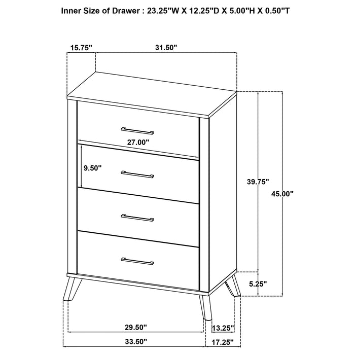 Natural pine Kaywood 4-drawer bedroom chest of drawers with a classic furniture design and wooden handles.