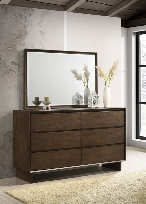 CoasterEveryday Glenwood 6-drawer dresser with mirror, warm brown wood finish, showcasing spacious drawers and classic furniture style.