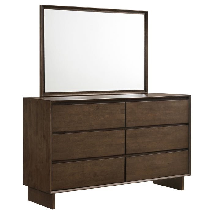 Warm brown Glenwood 6-drawer dresser with matching mirror, made of sturdy furniture with sleek, modern design from CoasterEveryday.