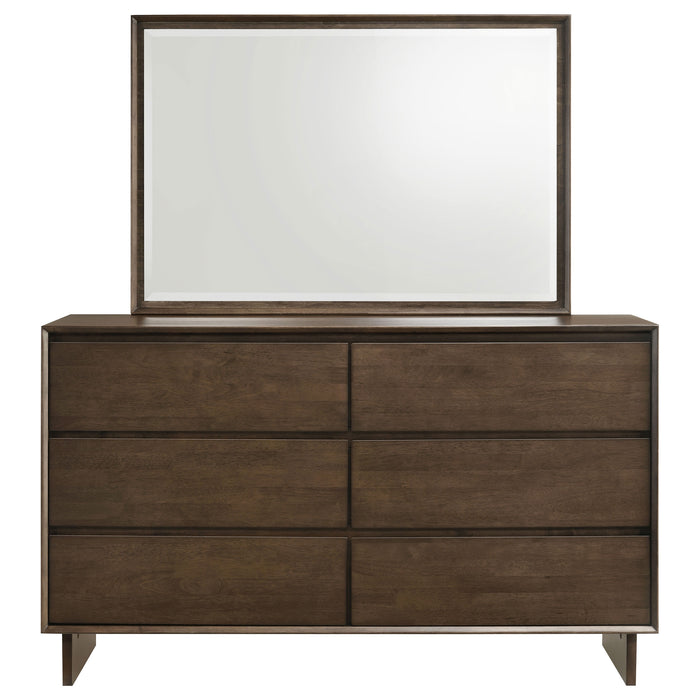 Warm brown Glenwood 6-drawer dresser with matching mirror, featuring sleek wooden finish and contemporary furniture design.