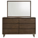 Warm brown Glenwood 6-drawer dresser with matching mirror, featuring sleek wooden finish and contemporary furniture design.