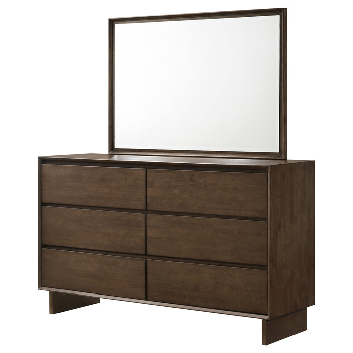 Warm brown Glenwood 6-drawer dresser with matching mirror by CoasterEveryday, showcasing a sturdy wooden furniture set.