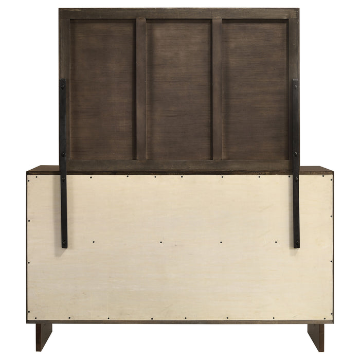 Warm brown Glenwood 6-drawer dresser with matching mirror, showcasing sleek furniture design and wooden finish.