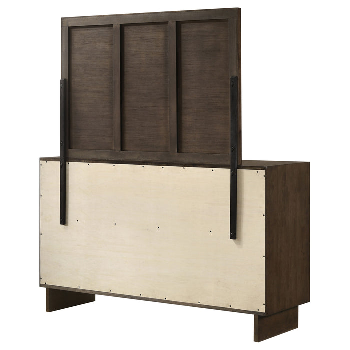 Warm brown Glenwood 6-drawer dresser with matching mirror, made of wood, showcasing sleek furniture design.
