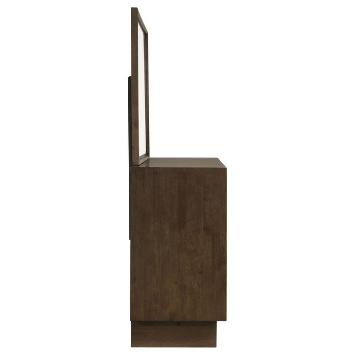 CoasterEveryday Glenwood 6-drawer dresser with warm brown finish and matching mirror, showcasing sleek wooden furniture design.