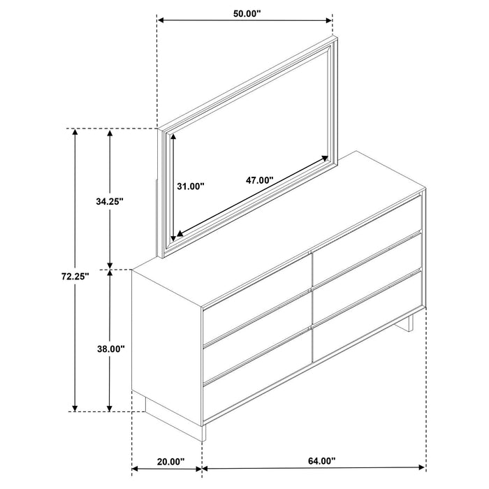 Warm brown Glenwood 6-drawer dresser with matching mirror, made of wood, featuring sleek handles and modern design.