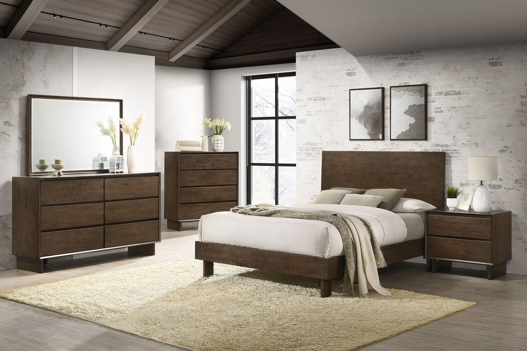 CoasterEveryday Glenwood 6-drawer dresser with matching mirror in warm brown wood finish, showing sleek drawer handles and smooth surface.