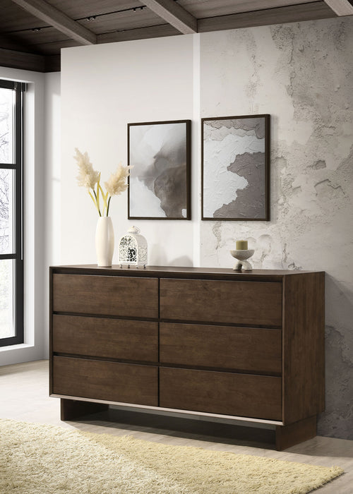 Warm brown Glenwood 6-drawer dresser by CoasterEveryday, showcasing sleek wood finish and ample storage space.