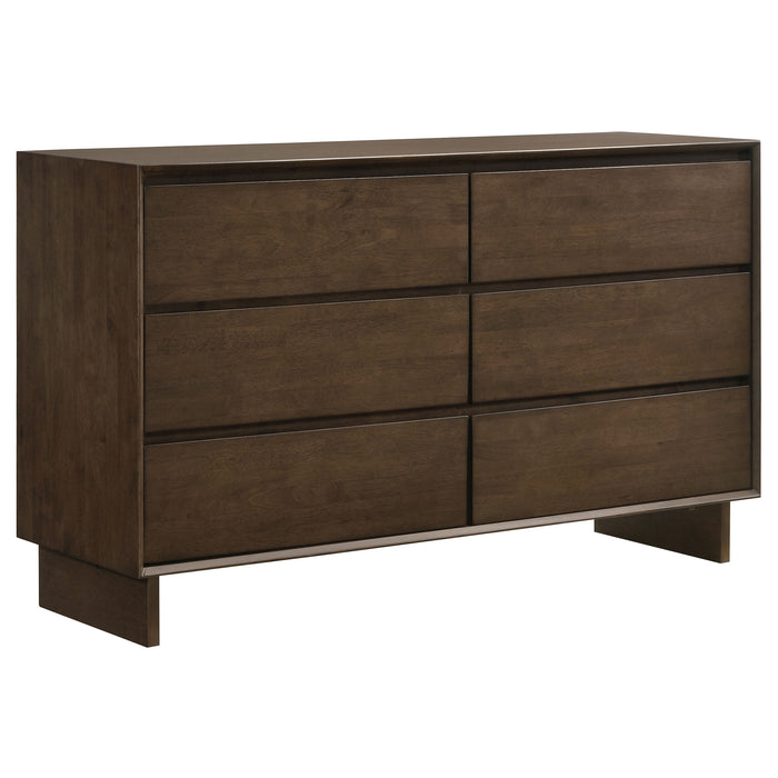 Warm brown Glenwood 6-drawer dresser cabinet by CoasterEveryday, showcasing sleek wood finish and spacious storage drawers.