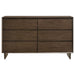 CoasterEveryday Glenwood 6-drawer dresser in warm brown wood finish, showing the furniture with sleek drawer handles and modern design.