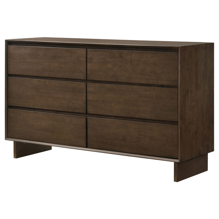 Warm brown Glenwood 6-drawer dresser from CoasterEveryday, featuring sleek wood finish and spacious storage drawers.