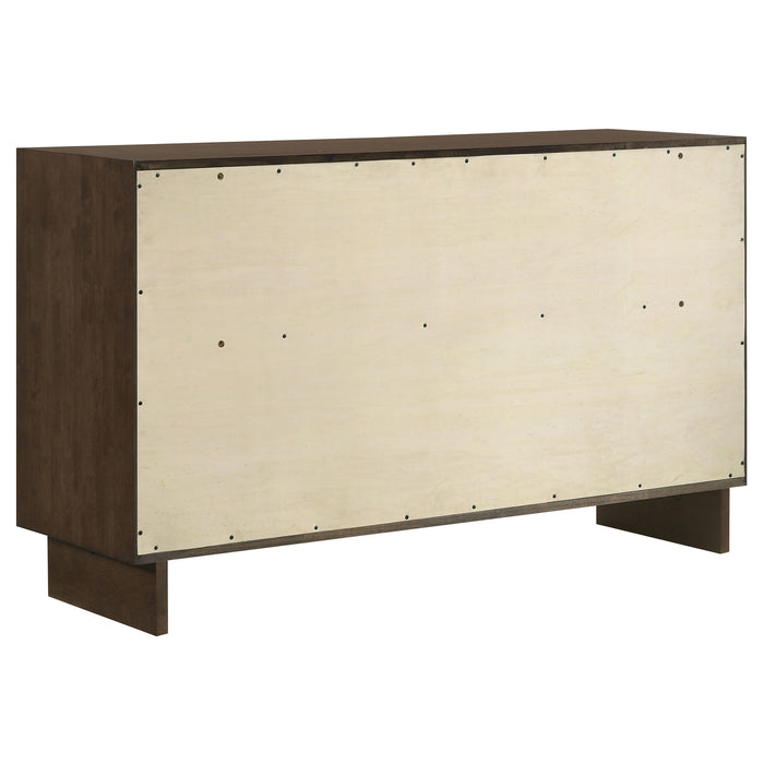 Warm brown Glenwood 6-drawer dresser cabinet by CoasterEveryday, featuring sleek wood finish and modern furniture design.
