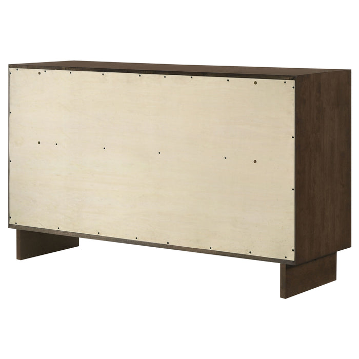 Warm brown Glenwood 6-drawer dresser cabinet by CoasterEveryday, featuring sleek modern furniture design and spacious storage drawers.