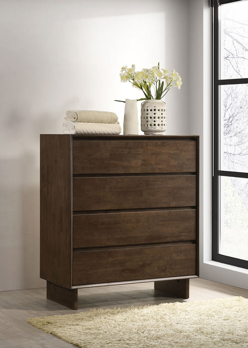 Warm brown Glenwood 4-drawer chest of drawers by CoasterEveryday, showcasing sleek wooden furniture with silver handles.