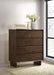 Warm brown Glenwood 4-drawer chest of drawers by CoasterEveryday, showcasing sleek wooden furniture with silver handles.