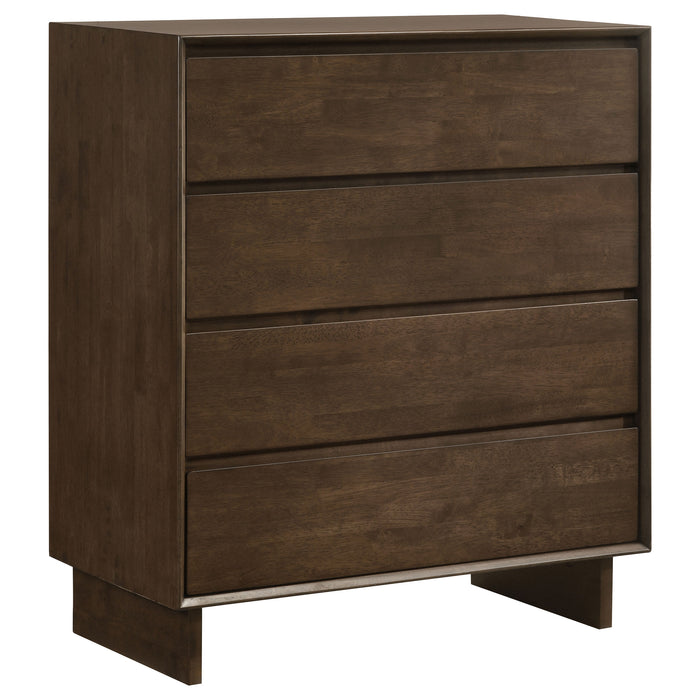 CoasterEveryday Glenwood 4-drawer chest of drawers in warm brown wood finish, showing the front view with sleek drawer handles.