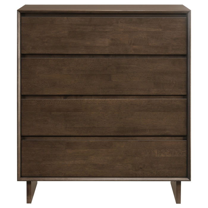 Warm brown Glenwood 4-drawer chest of drawers by CoasterEveryday, showcasing sleek wooden furniture with four spacious drawers.