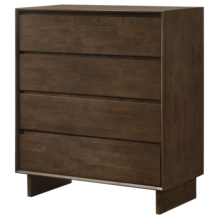 Warm brown Glenwood 4-drawer chest of drawers by CoasterEveryday, showing the sleek wooden furniture with four spacious drawers.