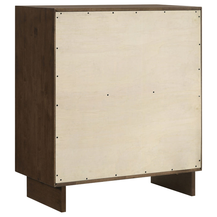 Warm brown Glenwood 4-drawer chest of drawers by CoasterEveryday, featuring sleek wooden drawers and modern furniture design.