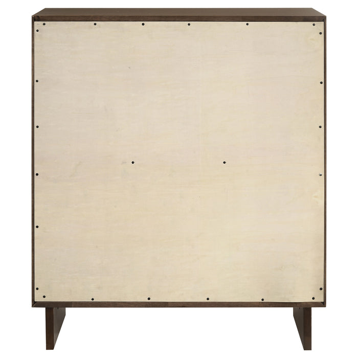 Warm brown Glenwood 4-drawer chest of drawers by CoasterEveryday, showcasing a sleek wooden furniture piece with silver handles.