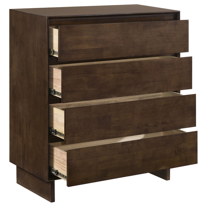 CoasterEveryday Glenwood 4-drawer chest of drawers in warm brown wood finish, showing the front view with drawer handles and smooth surface.