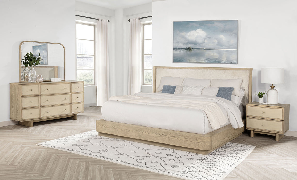 CoasterEveryday Kailani California King bedroom set in beige oak with four-piece furniture including bed, nightstands, and dresser.