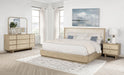CoasterEveryday Kailani California King bedroom set in beige oak with four-piece furniture including bed, nightstands, and dresser.
