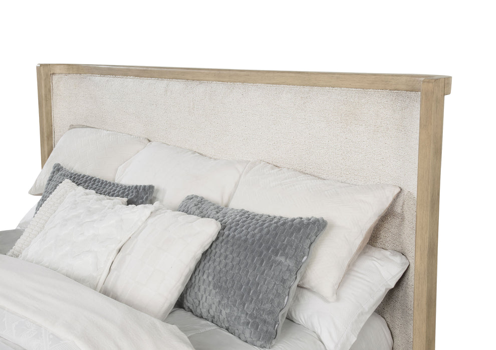 CoasterEveryday Kailani California King bedroom set includes beige oak-finished bed, dresser, and nightstands in a modern furniture design.
