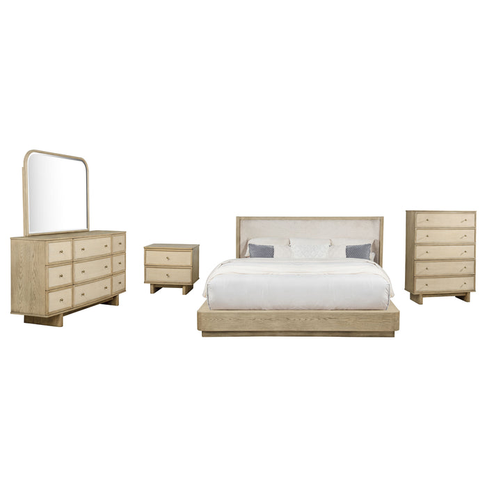 CoasterEveryday Kailani California King bedroom set in beige oak, includes bed frame, nightstands, dresser, and mirror, all in matching wood finish.
