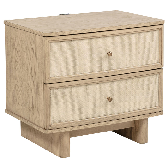 Kailani 5-piece California King bedroom set in beige oak by CoasterEveryday, includes bed frame, nightstands, and dresser.