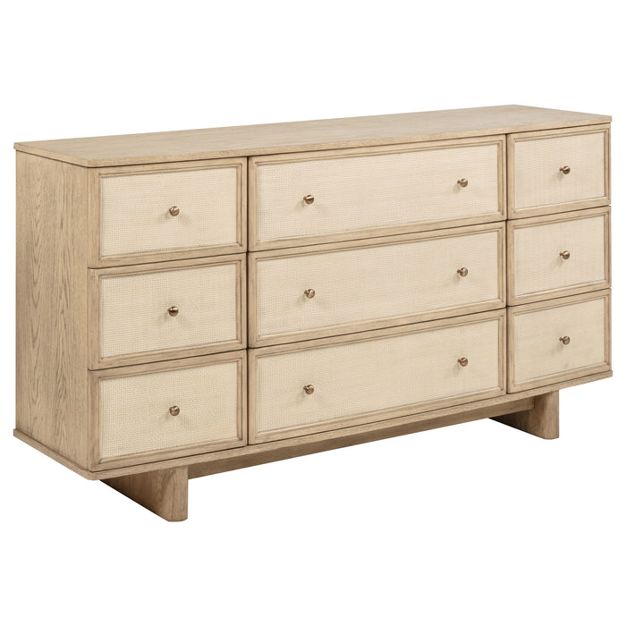 CoasterEveryday Kailani 5-piece California King bedroom set in beige oak wood with bed frame, nightstands, and dresser, modern furniture.