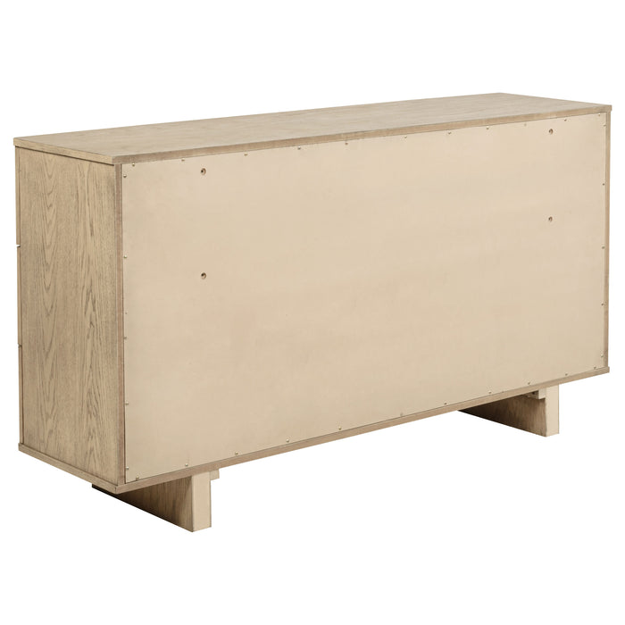 CoasterEveryday Kailani 5-piece California King bedroom set with beige oak finish, including bed frame, dresser, and nightstands.