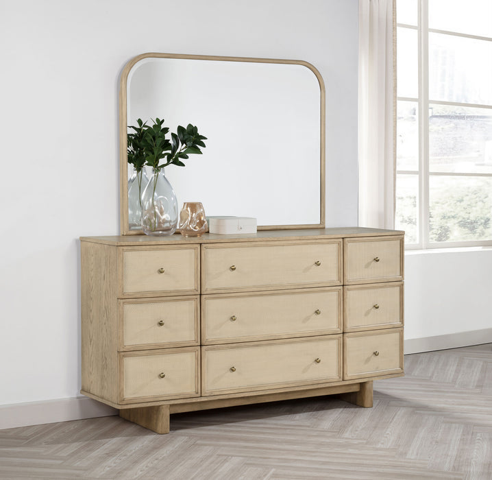 CoasterEveryday Kailani beige oak 9-drawer dresser with attached mirror, showcasing wood finish and spacious storage.